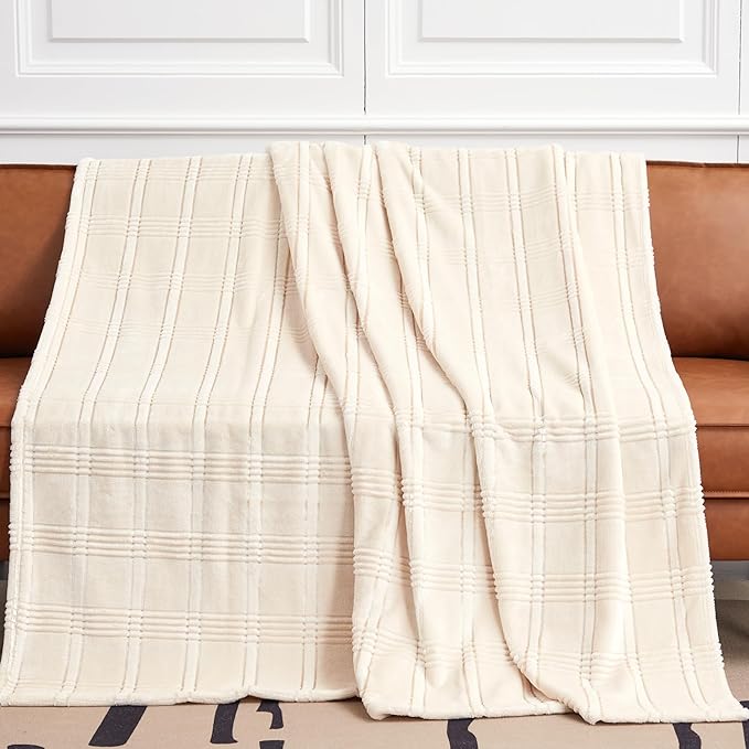 Soft Cozy Plaid Fleece Throw Blanket, 50x60 Inches – 3D Jacquard Diamond Design, Lightweight Blanket for Couch, Sofa, Camping & Travel, Khaki