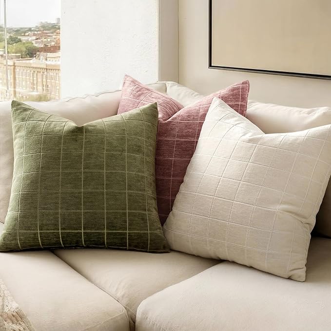MIULEE Decorative Chenille Check Throw Pillow Covers Vintage Plaid Couch Pillows 20x20 Inch Set of 2 Neutral Boho Farmhouse Cushion Covers Modern Home Decor for Sofa Bed Living Room Olive Green