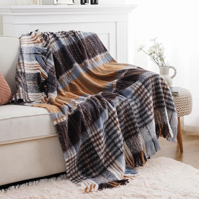 BATTILO Plaid Throw Blanket for Couch Bed, Soft Mohair Tartan Plaid Blanket, Farmhouse Style Checkered Pattern, Bluish Grey Throw Blankets for Home Decor(50"x60")
