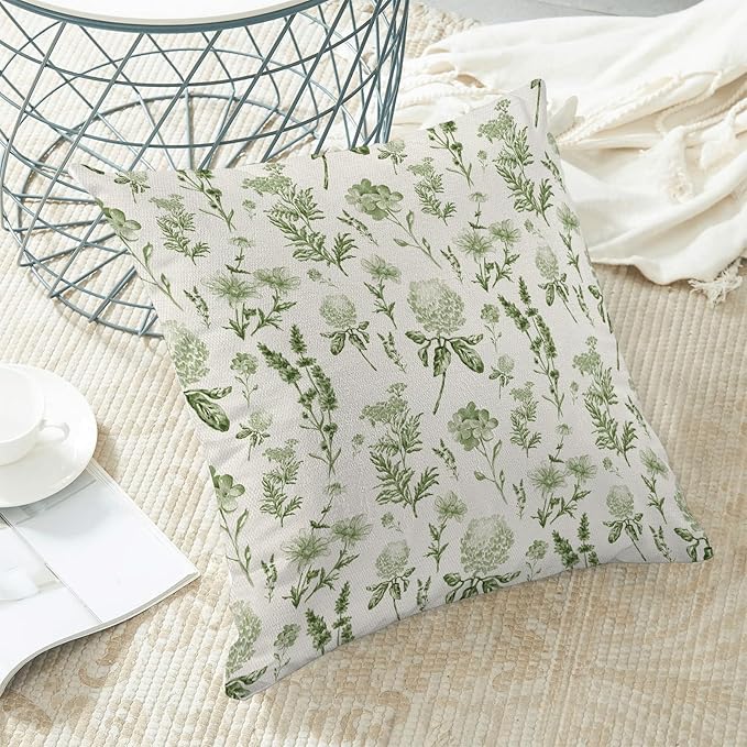 AEIOAE Sage Green Spring Pillow Covers 16x16 Inch Set of 2, Wild Flower Leaves Plant Throw Pillows Case,Seasonal Floral Outdoor Decorative Farmhouse Decor Cushion Covers for Home Sofa Bed Couch