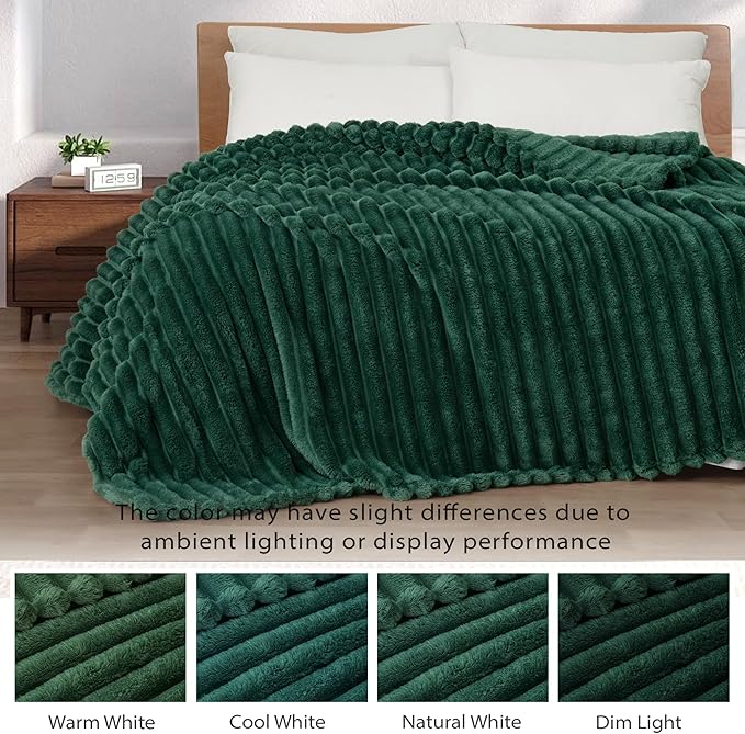 Exclusivo Mezcla Queen Size Flannel Fleece Blanket, Super Soft Striped Jacquard Bed Blanket, Lightweight Fuzzy Cozy for All Seasons, 90x90 Inches, Forest Green