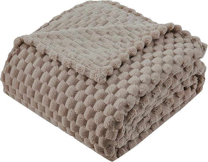 Super Soft Fleece Twin Blanket 50x70 Inches for Couch, Premium Silky with 3D Imitation Turtle Shell Jacquard Decorative Blankets, Lightweight and Cozy for Sofa.Taupe
