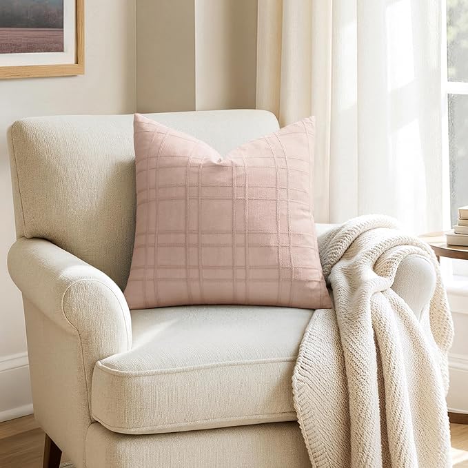 MIULEE Decorative Linen Check Euro Shams Throw Pillow Covers Neutral Farmhouse Vintage Spring Valentine Pillow Covers 24x24 Set of 2 Boho Modern Home Decor for Sofa Couch Bedroom Cushion Light Pink