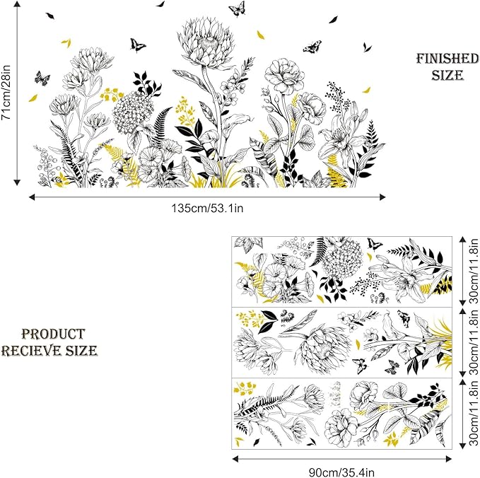 Black Yellow Flower Wall Decals, 3 Sheets Sketch Garden Floral Wall Stickers Simple Line Wildflower Grass Butterflies Art Decor Bedroom Bathroom Hallway Sofa Gifts for Mom(11.8x35.4 in/Sheet)
