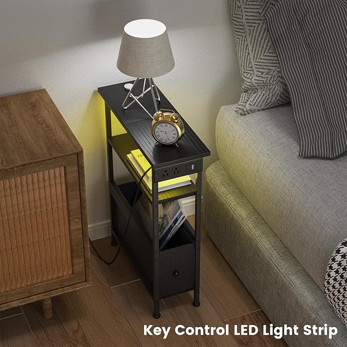 Narrow Side Table with Charging Station and LED Light, Small End Table with 1 Fabric Drawer, Skinny Nightstand with USB Ports & Type-C, Slim Side Table for Bedroom, Living Room, Black