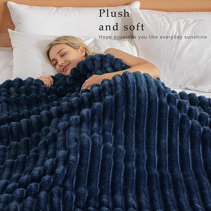 Exclusivo Mezcla Twin Size Flannel Fleece Blanket, Super Soft Striped Jacquard Bed Blanket, Lightweight Fuzzy Cozy for All Seasons, 60x80 Inches, Navy Blue