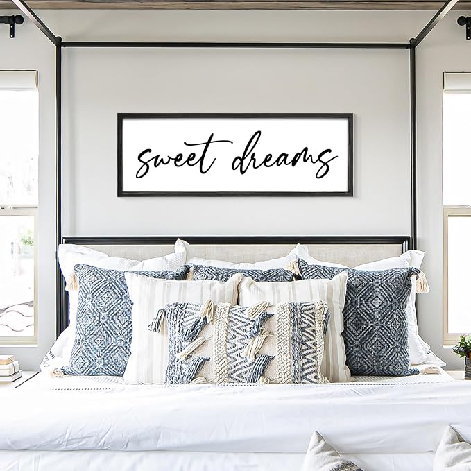 Sweet Dreams Wall Decor Above Bed 42''×15'' Large Bedroom Sign Farmhouse Bedroom Wall Sign Wood Framed Guest Room Decor Master Bedroom Wall Decoration (Black)