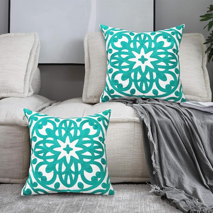 Alysheer Embroidered Spring Decorative Throw Pillow Cover 18"x 18" Set of 2, Boho Mandala Embroidery Turquoise Green Patterned Cushion Case for Sofa Couch Living Room Bedroom Outdoor