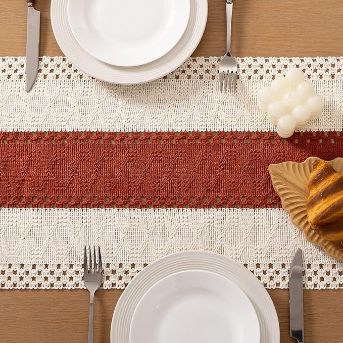 Socomi Boho Table Runner Easter Spring Farmhouse Rustic Dining Kitchen Small Macrame Woven Cotton Linen Coffee Table Runner for Dresser Scarf Home Decor 12x48 inch Terracotta Ivory