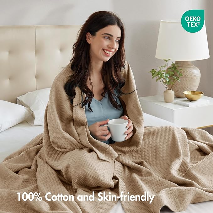 Madison Park 100% Egyptian Cotton Lightweight Summer Blanket, Breathable Waffle Knit Design, Soft Cozy All-Season Throw for Bed, Couch or Sofa, Khaki Full/Queen Size (90"x90")