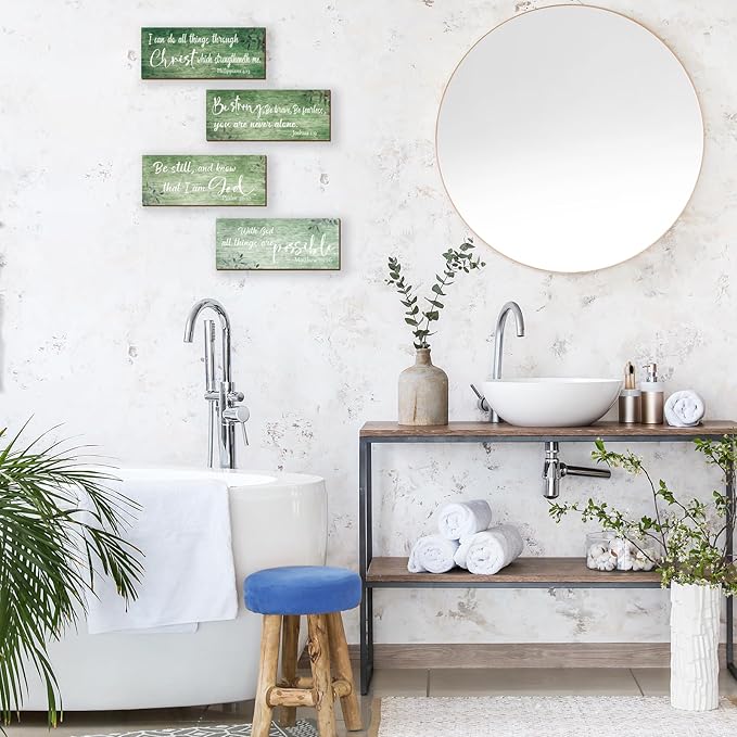 ZONWUTHY 4 Pieces Bible Verses Wall Decor Green Bathroom Decor Christian Signs Religious for Home Motivational Prayer Wall Art for Living Room Office Bedroom Bathroom(Green,10x4)
