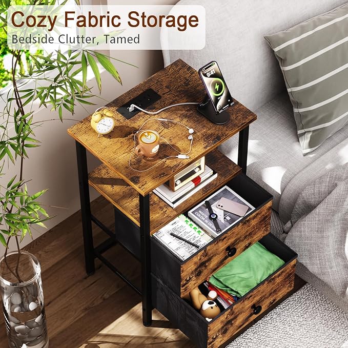 Night Stand with Charging Station, Small Bedside Table with 2 Fabric Drawers, Nightstand with USB Ports & Outlets for Bedroom, Living Room, Brown, HETS020BR-1