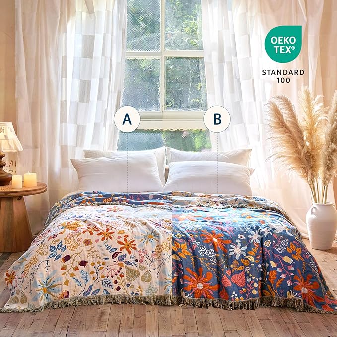 Boho Throw Blanket - 100% Cotton Throw Blankets for Bed Couch, 60"x80" Soft Muslin Lightweight Spring Throw Blanket, Cozy Floral Butterfly Printed Bohemain Bedding Decor Beige Throw Quilt