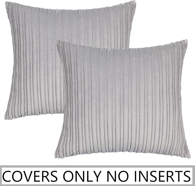 UGS UGASA Super Soft Plush Corduroy Solid Textured Large Throw Euro Pillow Sham Cushion Cover for Couch Floor, 2 Packs, 24 x 24(61 cm), Light Grey