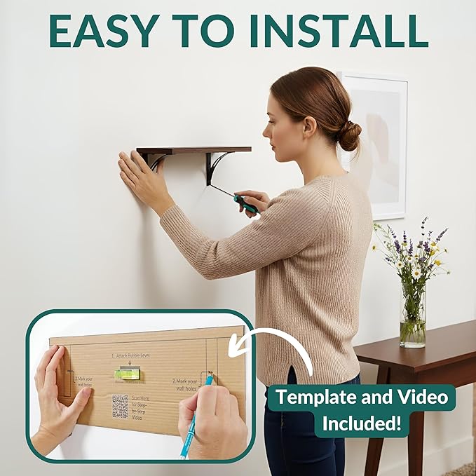 Willowy Reinforced Steel Bracket Dark Brown Shelf - Easy to Install, Template and Video Included - Brown Bathroom Shelves, Bedroom Wall Decor, Bathroom Shelf Over Toilet