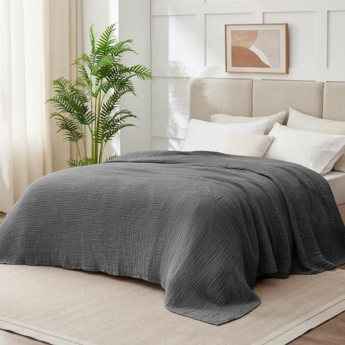 100% Cotton Muslin Blanket Queen 90" x 90", Breathable and Lightweight Cotton Throw Blankets for Bed, Soft Cooling Summer Gauze Blanket for Adults All Season, Charcoal Grey