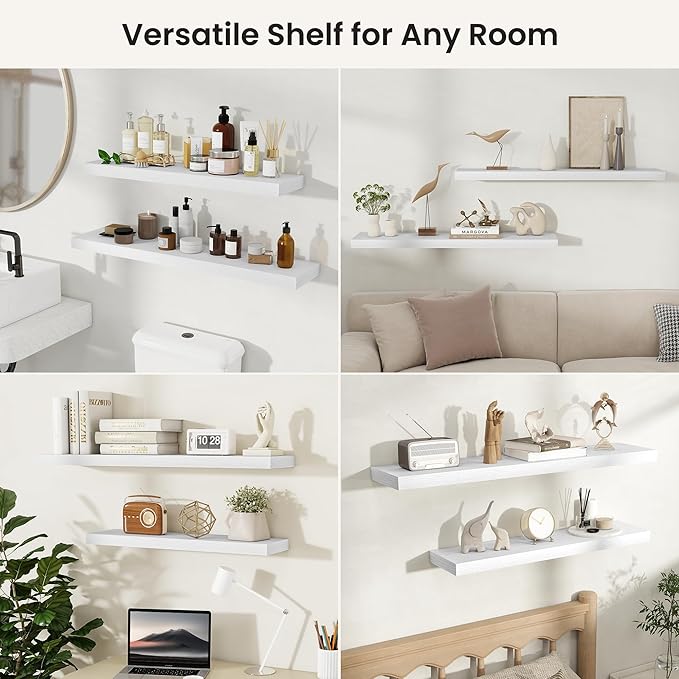 Fun Memories Rustic Floating Wall Shelves, Wall Mounted Wood Storage & Display Shelves for Bathroom, Bedroom, Living Room or Kitchen, (Set of 2, White, 32 in)