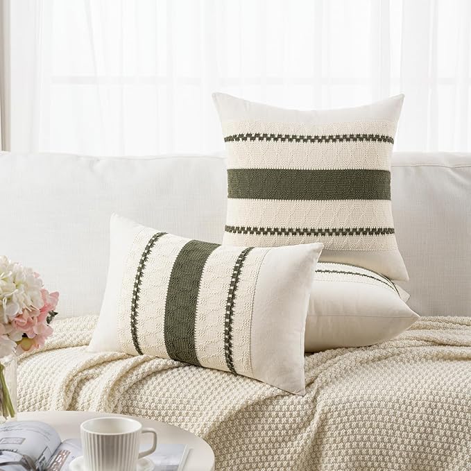 Fancy Homi Set of 2 Boho Olive Green Long Lumbar Decorative Throw Pillow Cover 16x24 Inch for Couch Bed Sofa Chair, Modern Organic Farmhouse Home Decor, Soft Cotton Cute Accent Rectangle Cushion Case