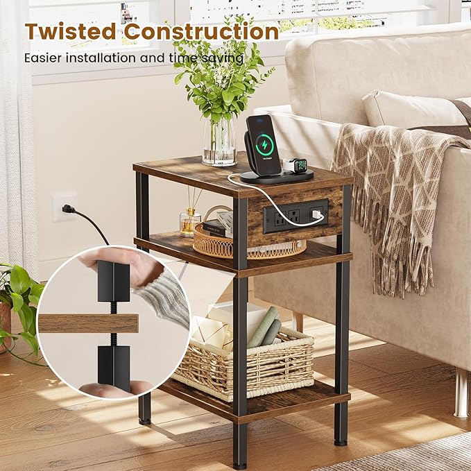 Side Table with Charging Station, End Tables Living Room, 21.7 Inch Skinny Night Stand with Storage, Small Bedside Tables for Bedroom, Office, Dorm, Hallway, Rustic Brown