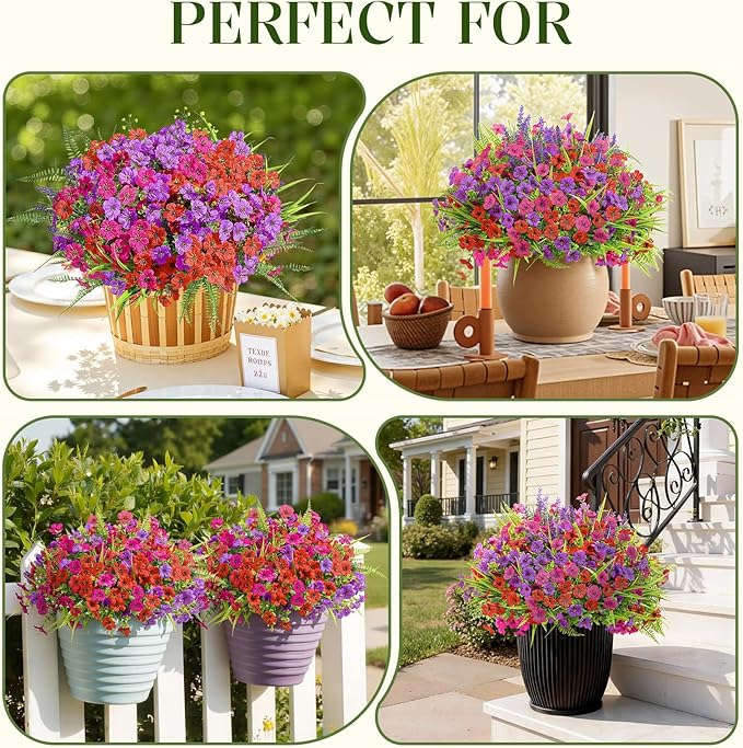 Alupssuc 24 Bundles Artificial Flowers for Outdoors Planters Spring Decoration, UV Resistant Faux Eucalyptus Violet and Lavender Silk Fake Plants for Outside Indoor Yard Home Patio Decor, Mix 3 Colors