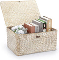 Hipiwe Wicker Woven Baskets Bin with Lid Natural Seagrass Basket Storage Bin Rectangular Household Basket for Shelf Wardrobe Home Decor, Whitewash, X-Large