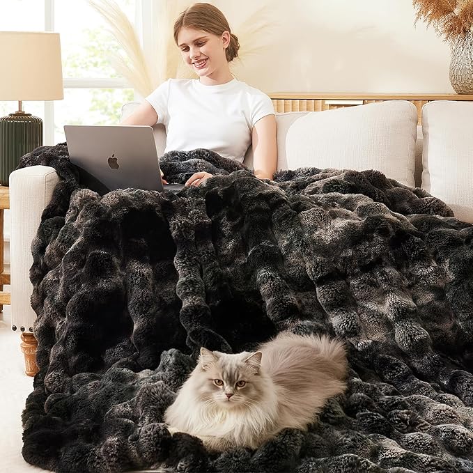 L'AGRATY Faux Fur Throw Blanket: 50" x 60" Luxury Soft Fluffy Thick Rabbit Fur Blankets for Couch Bed Sofa - Cozy Plush Bubble Blankets for Home Decor: Warm Flannel Fleece Decorative Blanket