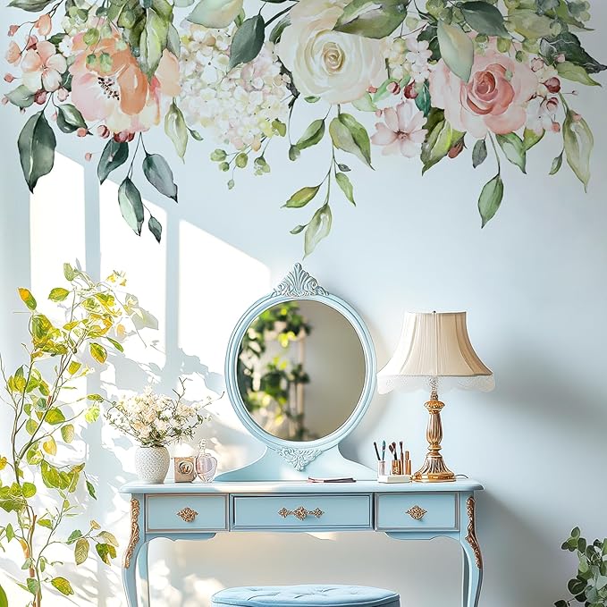 Flowers Leaves Wall Decals Peel and Stick, Large Floral Flowers Wall Stickers, Removable Vine Home Decor Art for Bedroom Living Room Classroom Office