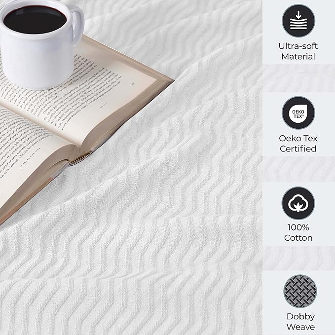 Superior JENA Cotton Blanket, for Picnic, Beach, Traveling or Camping, Bedroom Decor, Essentials, Cover for Bed, Couch, Lounging, Textured Jacquard, Modern Chevron Woven Blanket, Full/Queen, White