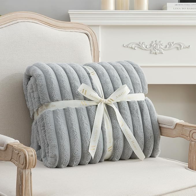 Amélie Home Faux Fur Throw Blanket for Couch, Cozy Fuzzy Fluffy Fur Luxurious Soft Striped Plush Gift Blankets for Family Sofa Chair, 60"x80", Light Grey