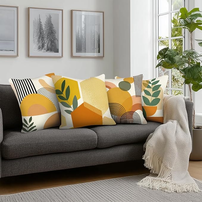 PICKFORU Boho Throw Pillow Covers Set of 4, 18x18 inch Abstract Yellow Green Throw Pillowcase Modern Art Cushion Case for Couch Sofa