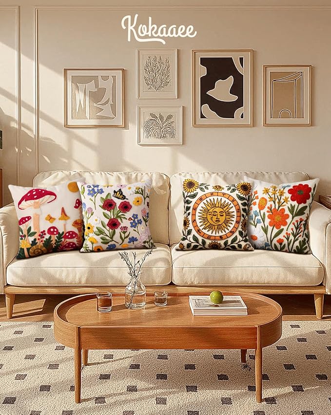 Embroidered Throw Pillow Cover 18x18 Inch - Spring Summer Boho Decorative Pillow Cover with Zipper for Living Room Couch Sofa Bed Aesthetic Design Retro Flower Cushion Pillowcase