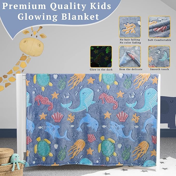 Glow in The Dark Ocean Blanket, Luminous Sea Theme Throw Blanket, Glowing Ocean Pattern Fleece Throw, Soft Cozy Lightweight Plush Blanket for Kids Teens Adults, Easter Gifts Bedroom Couch Decor Gifts