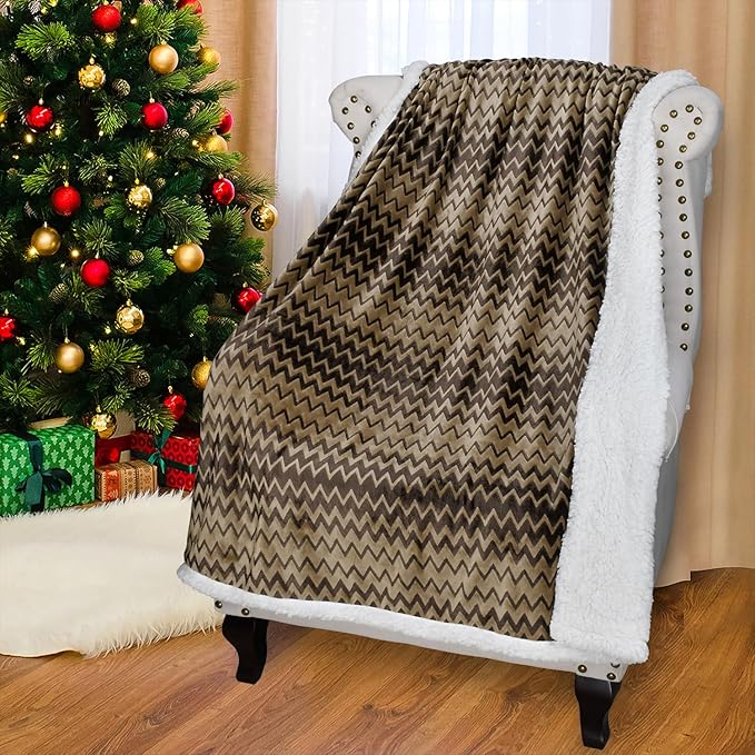 Catalonia Silky Soft Sherpa Throw Blanket, Flannel Chevron Micro Plush Fleece Throws for Couch Sofa TV Bed, Reversible, Comfy, Fuzzy, 50"x60" Brown