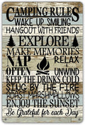 QIONGQI Funny Camping Rules Metal Tin Sign Wall Decor Farmhouse Rustic Camping Signs with Sayings for Home Camper Room Decor Gifts