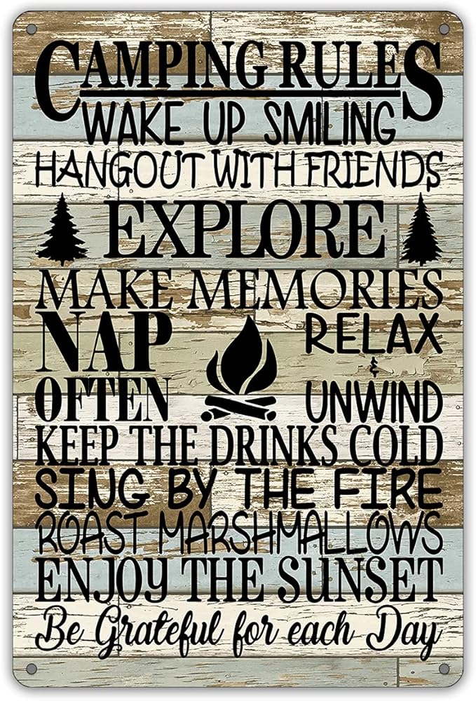 QIONGQI Funny Camping Rules Metal Tin Sign Wall Decor Farmhouse Rustic Camping Signs with Sayings for Home Camper Room Decor Gifts