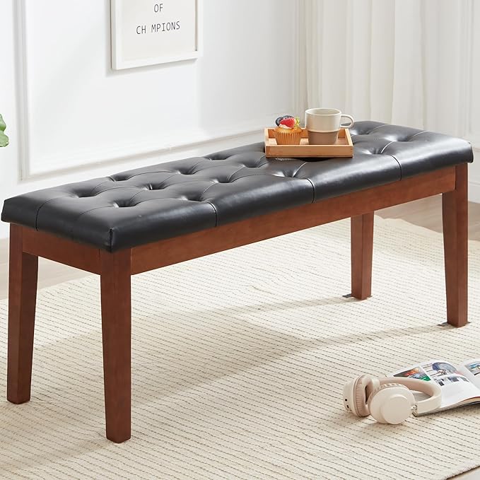 Ottoman Bench Upholstered Padded Seat with Solid Wood Legs and Button-Tufted, Faux Leather Black