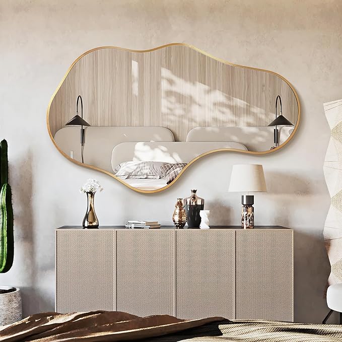 Irregular Wall Mirror - Wall Mirrors Decorative 24"x 40" Asymmetrical Abstract Mirror Aviation Aluminum Alloy Frame Unique for Bathroom, Bedroom, Living Room, Cloakroom, Entryway Gold