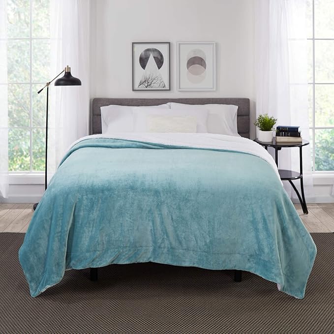 Genteele Sherpa Throw Blanket Super Soft Reversible Ultra Luxurious Plush Blanket, 90 x 90 inches, Tourmaline Blue/White