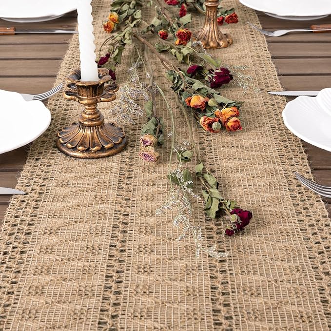 Socomi Boho Table Runner Easter Spring Farmhouse Burlap Jute Bamboo Rustic Dining Kitchen Centerpiece Decor Small Macrame Woven Coffee Table Runner for Dresser Scarf Home Decor 12x60 inch