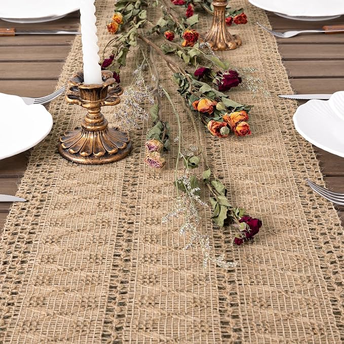 Socomi Boho Table Runner Easter Spring Farmhouse Burlap Jute Bamboo Rustic Dining Kitchen Centerpiece Decor Small Macrame Woven Coffee Table Runner for Dresser Scarf Home Decor 12x36 inch