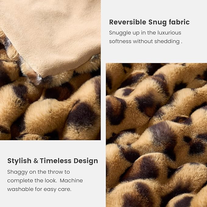 Cozy Bliss Cheetah Leopard Print Faux Fur Throw for Couch, Fuzzy Soft Plush Thick Bubble Blanket for Sofa Bedroom Living Room, 60x80 Inches Brown