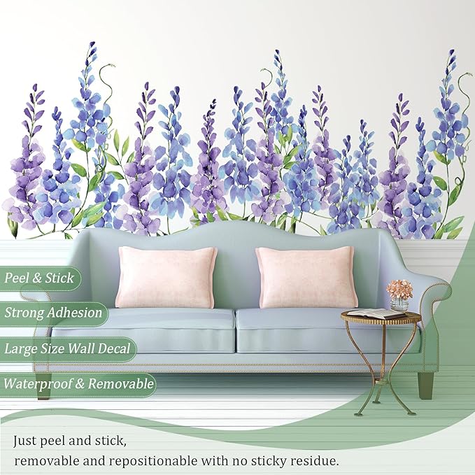Purple Flowers Wall Decals Peel and Stick, Large Wisteria Floral Vinyl Wall Stickers, Removable Vine Home Decor Art for Bedroom Living Room Classroom Office