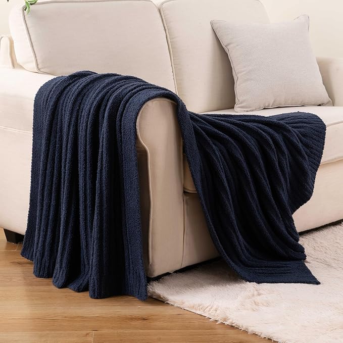 BATTILO Navy Blue Throw Blanket for Couch, Fluffy Cozy Knit Throws for All Season, Soft Warm Lightweight Blanket for Bed, Sofa, Home Decor, 50"x60"