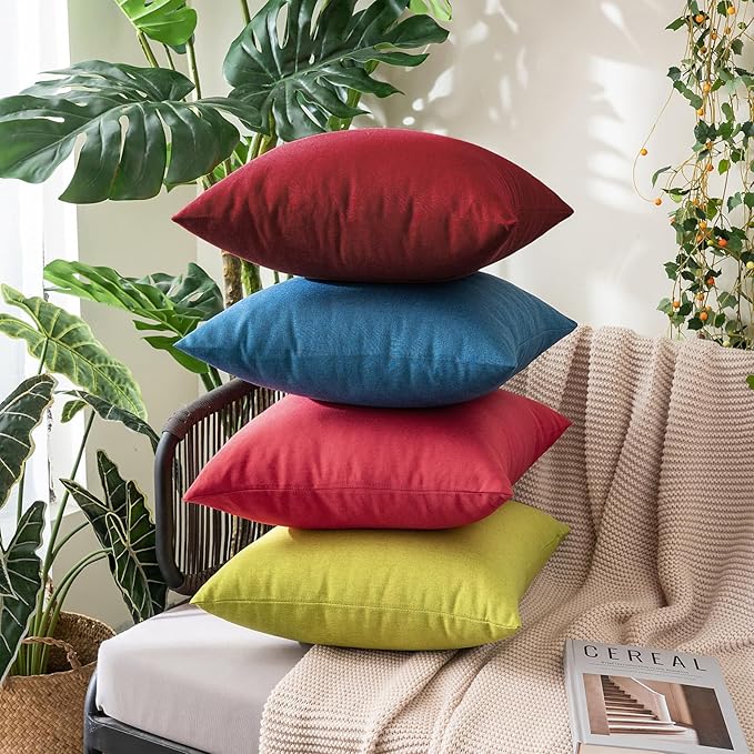 MIULEE Pack of 2 Decorative Outdoor Solid Waterproof Throw Pillow Covers Faux Linen Garden Farmhouse Cushion Cases for Patio Tent Balcony Couch Sofa 16x16 Inch Wine Red