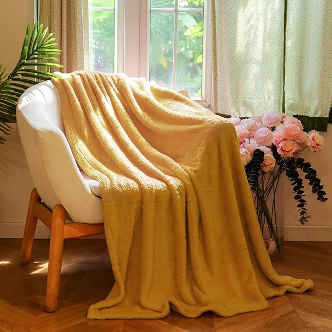 Plush Fleece Throw Blanket for Couch and Bed, Fluffy Fuzzy Cozy Queen-Size Soft Blankets All Season Use (60x80 Inches,Misted Yellow)