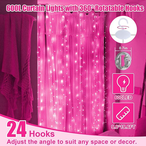 600LED Pink Curtain Lights for Bedroom, 19.6ft x 9.8ft Fairy Curtain String Light with 24 Hooks, 8 Modes Hanging Lights for Wedding, Party, Backdrop, Window, Xmas Decor