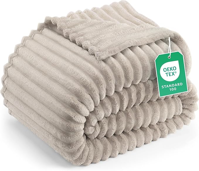 Utopia Bedding Linen Striped Fleece Blanket Queen Size – Fluffy, Warm & Lightweight Ribbed Throw for Bed, Sofa & Chair - Soft Cozy Blanket for Home Décor & Gifting (90x90 Inches)