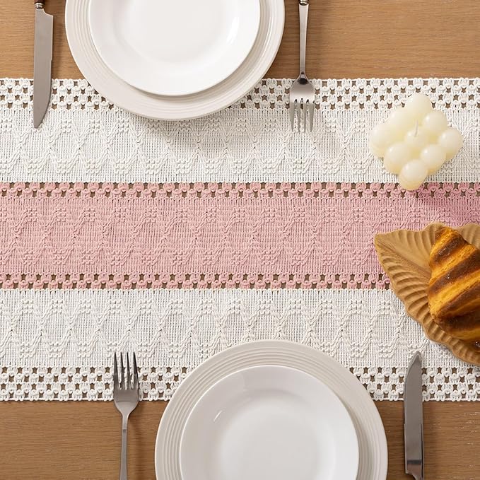 Socomi Boho Table Runner Macrame Easter Spring Farmhouse Woven Cotton Linen Rustic Coffee Table Runner with Tassels for Dresser Scarf Home Decor Dining Room 12x90 inPink Ivory