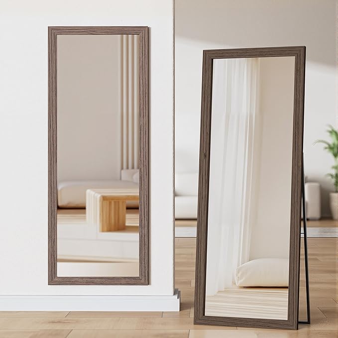 Full Length Wooden Mirror for Wall or Floor, 56"x20" Rustic Farmhouse Solid Wood Frame with Stand, Large Rectangular Wall-Mounted or Leaning Mirror for Bedroom, Living Room, Entryway
