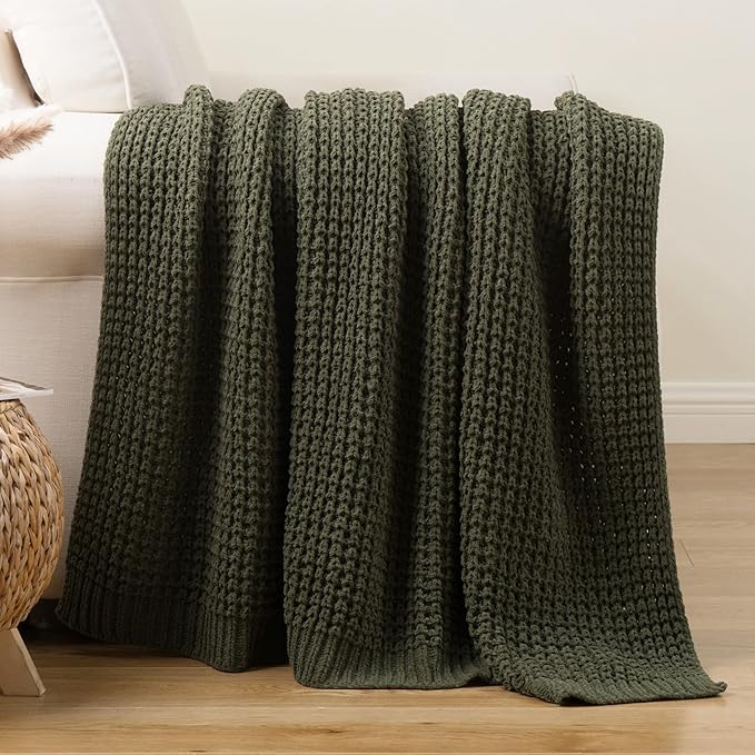Bunnikins & Clover Olive Green Throw Blanket for Couch, Waffle Knit Blanket Throw, Super Soft Warm Dark Green Throw Blanket for Home Decor,Sofa and Living Room, 50"x60"